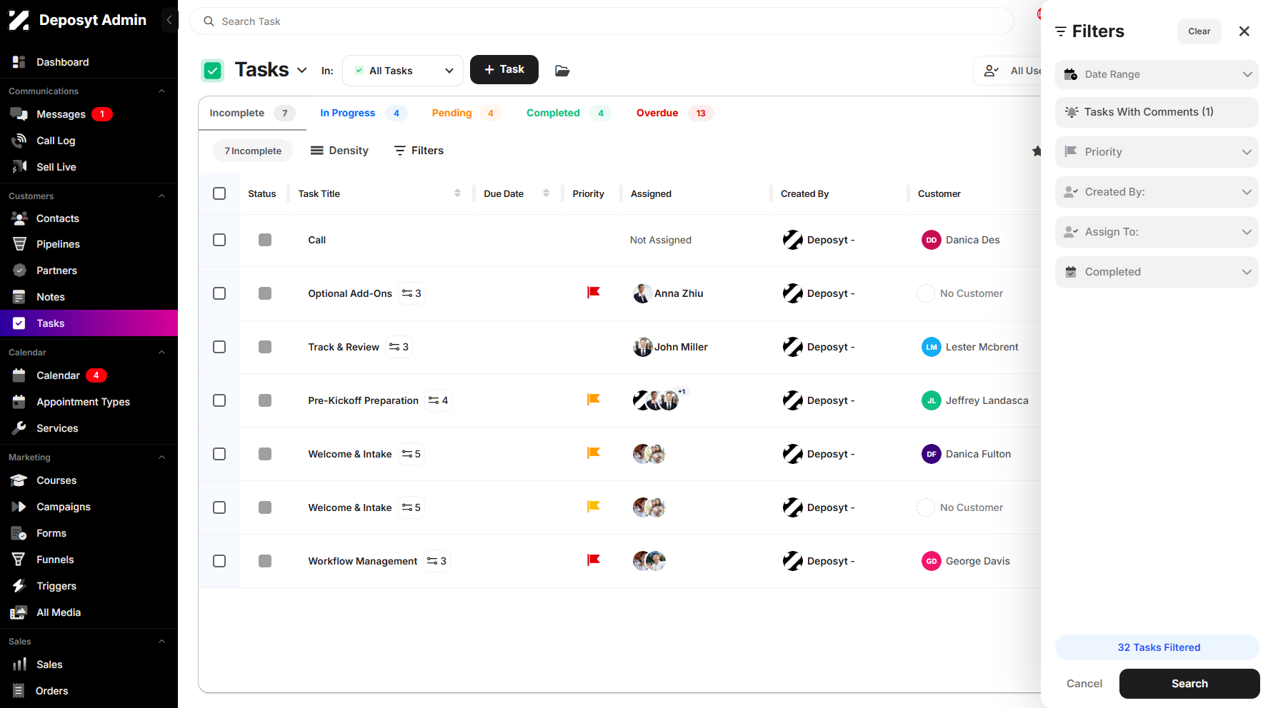 Step 4: The filtering pop-up window will appear, allowing you to set your desired filter criteria. You can filter your tasks by Date Range, Tasks With Comments, Priority, Created By, Assign To, and Completed.