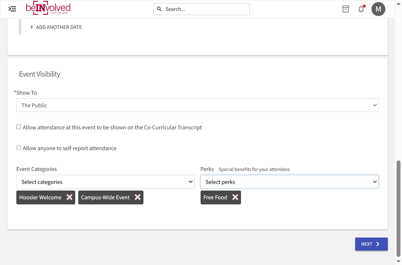 Click on Next to finalize your event submission