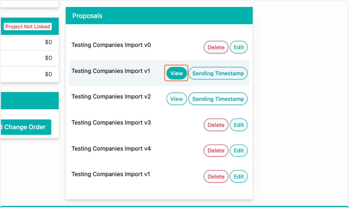 Locate the Project for which you'd like to work on a Proposal. Scroll down to the Proposals module. Locate the proposal you'd like to edit, and click view.