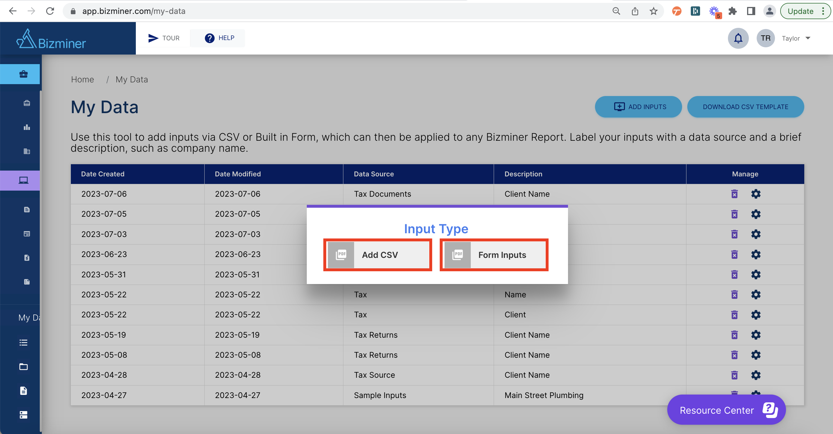 Select CSV upload or Manual Inputs