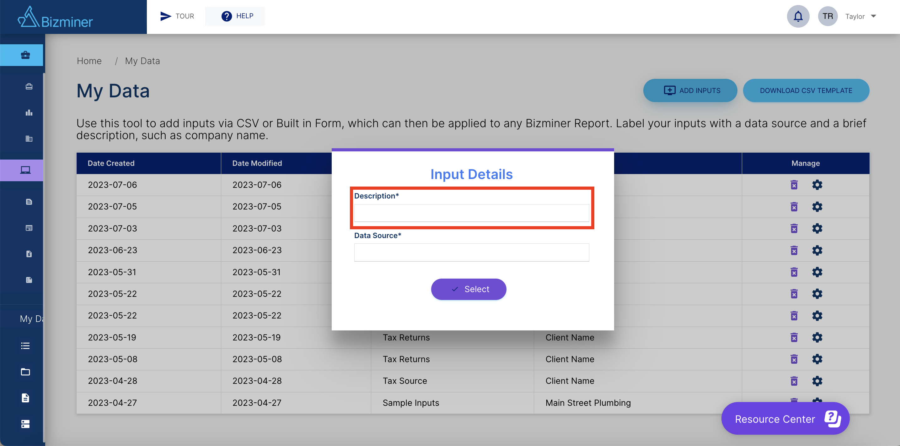 Type "Client Name" in the "Description" box