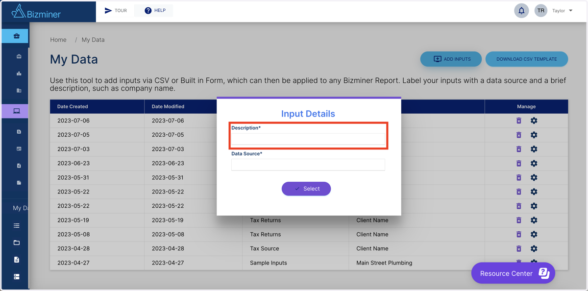 Type "Client Name" in the "Description" box