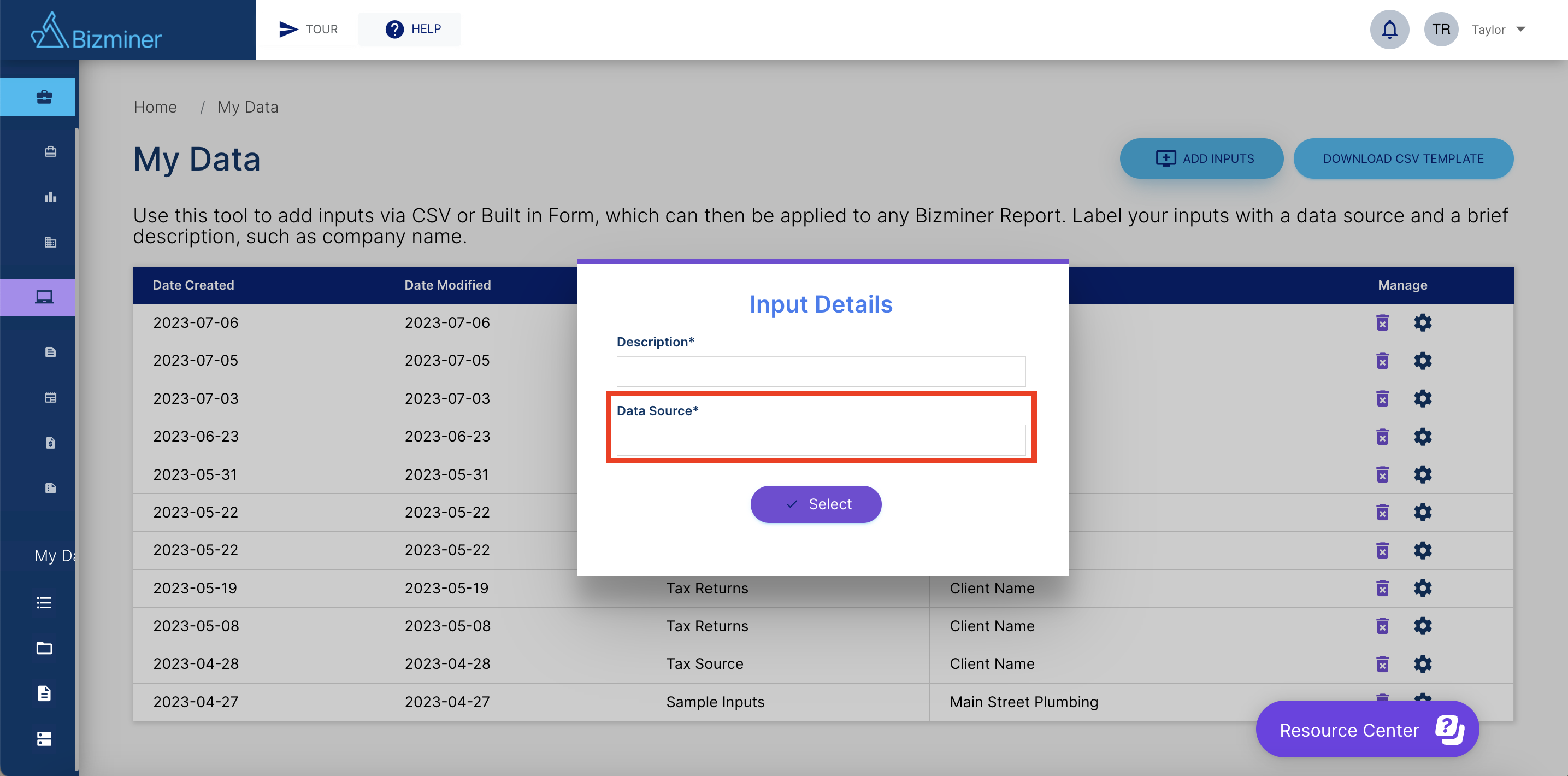 Type "Source" in the "Data Source" box