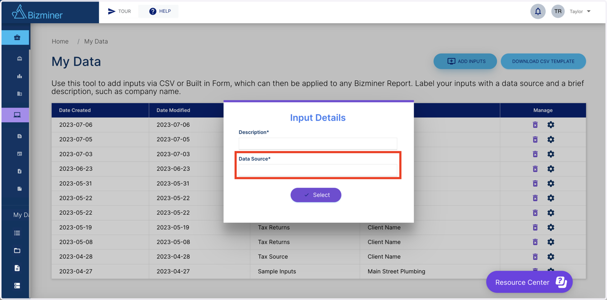 Type "Source" in the "Data Source" box