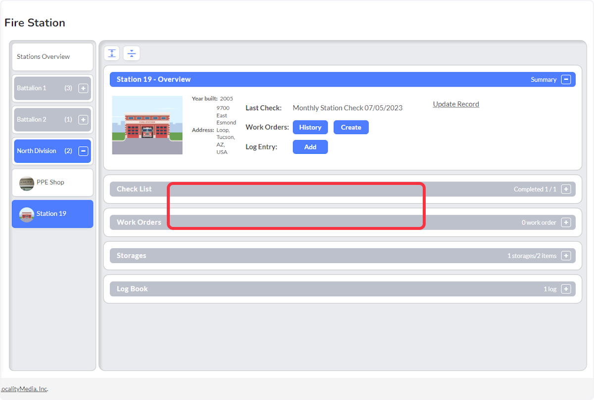View the work order history of the station or create a new work order by clicking the corresponding work order button. 