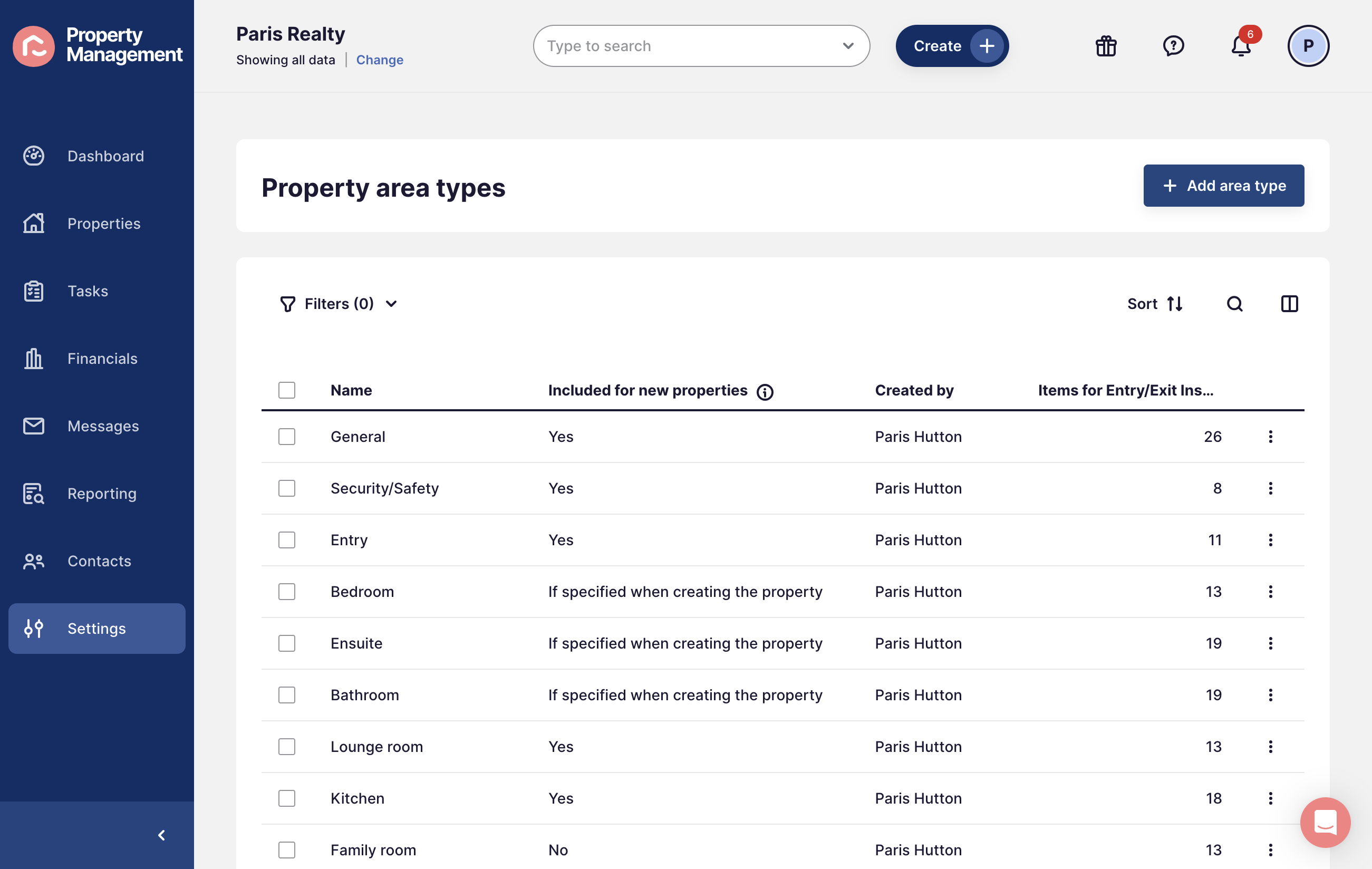 On the top right corner, select + Add area type