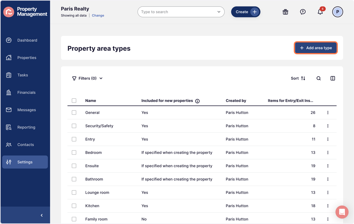 On the top right corner, select + Add area type