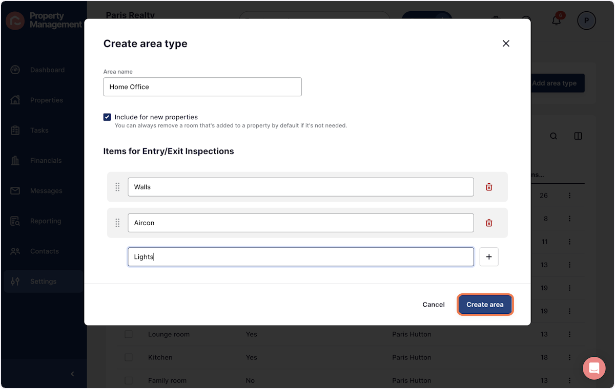 Once all items have been added, press 'Create area'