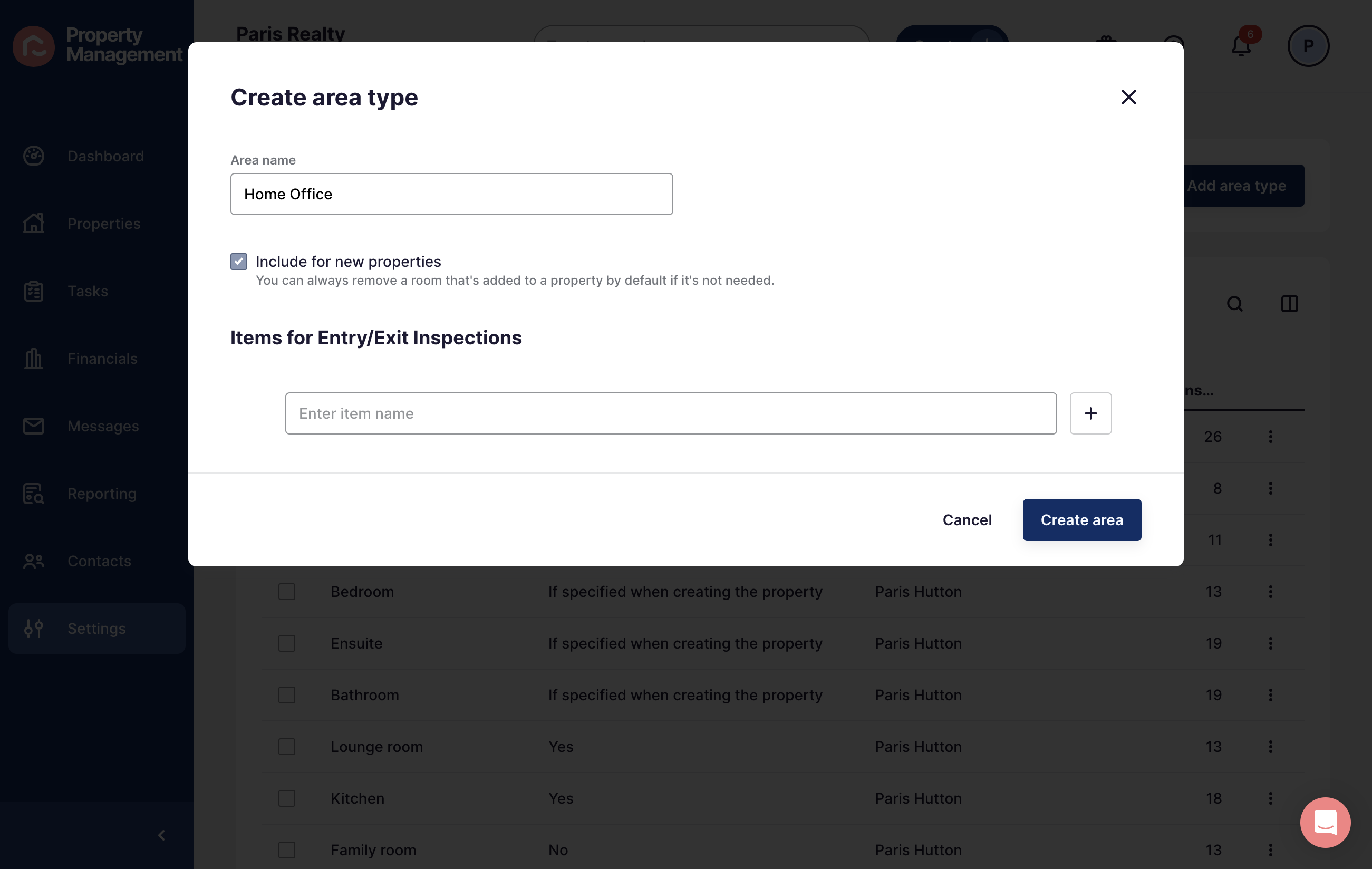 Tick or untick to include the area by default for new properties