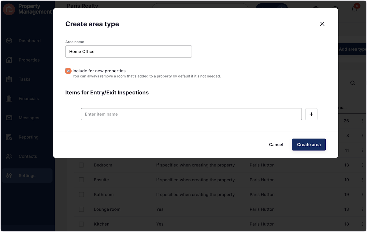 Tick or untick to include the area by default for new properties