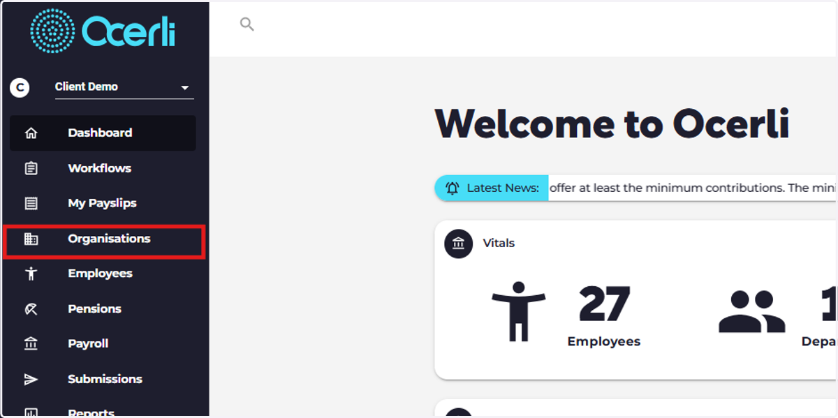 Click on Organisations