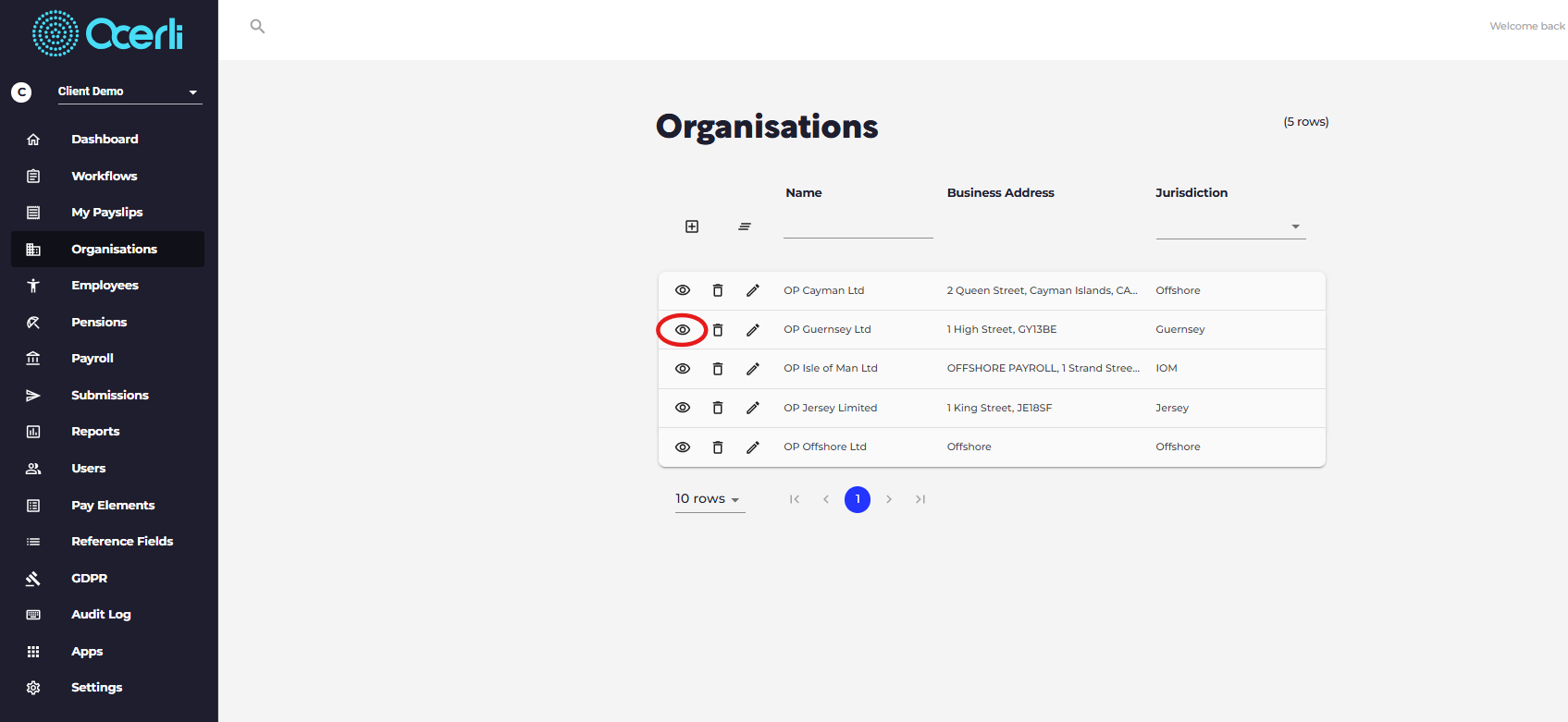 Click on the eye icon next to your organisation