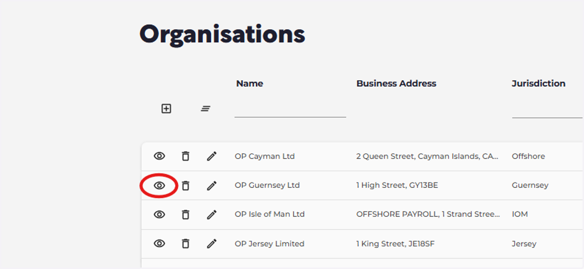 Click on the eye icon next to your organisation