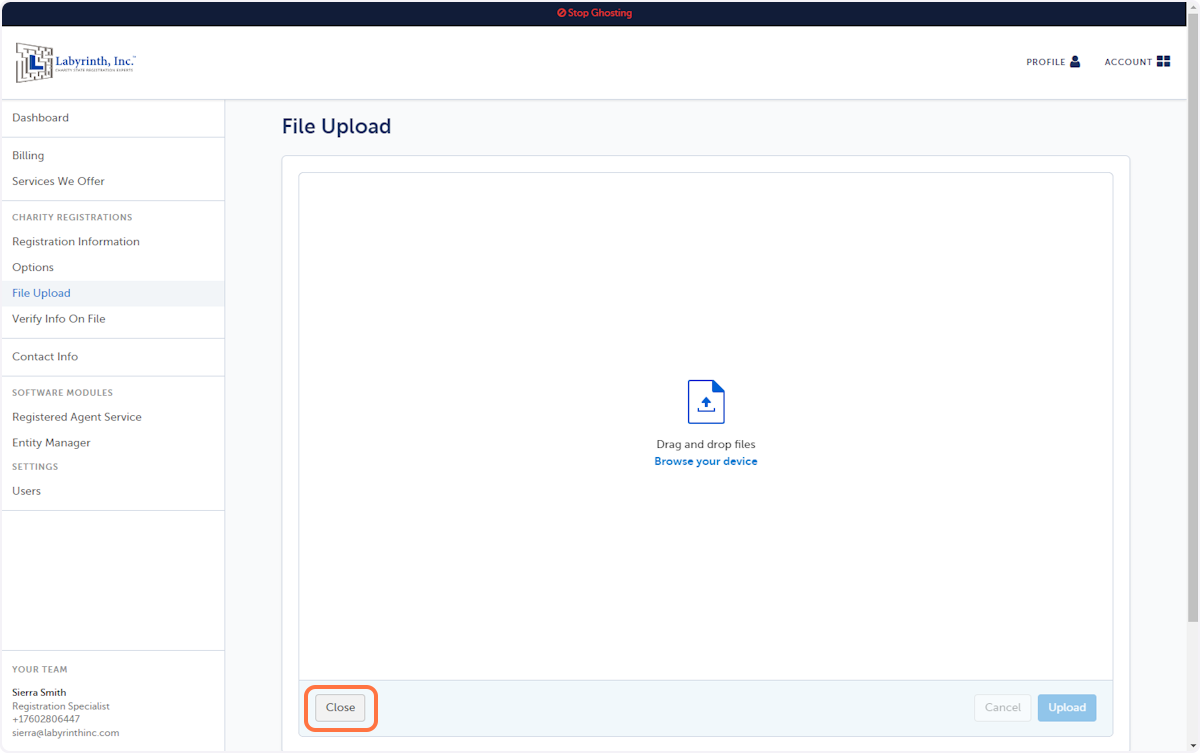 Click Browse your device to select a file, or drag and drop it onto the page. Once you have added all files, click Close