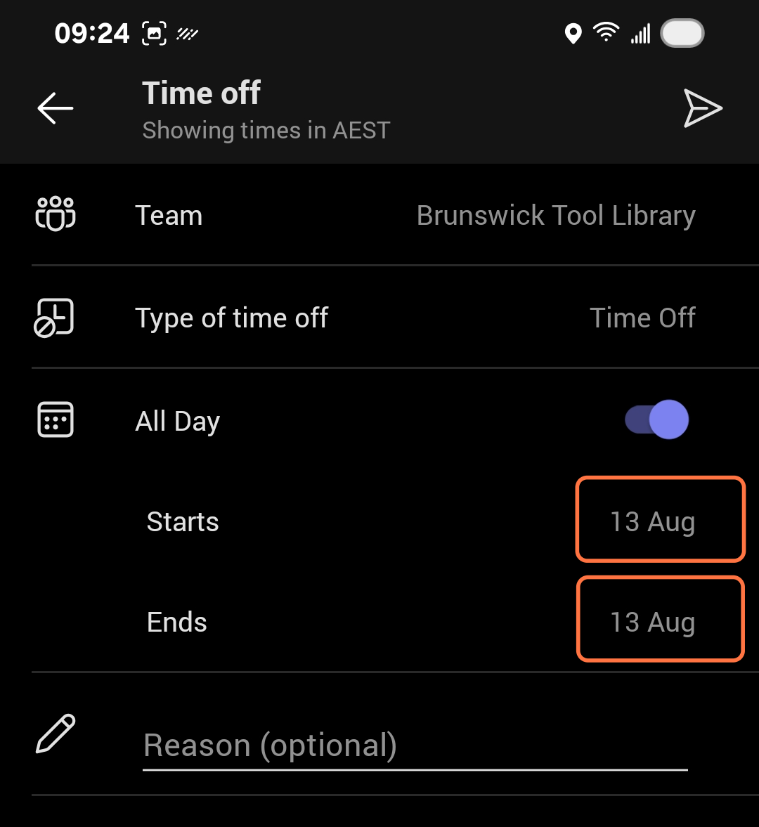 Select All Day, Start and End Date, and submit.