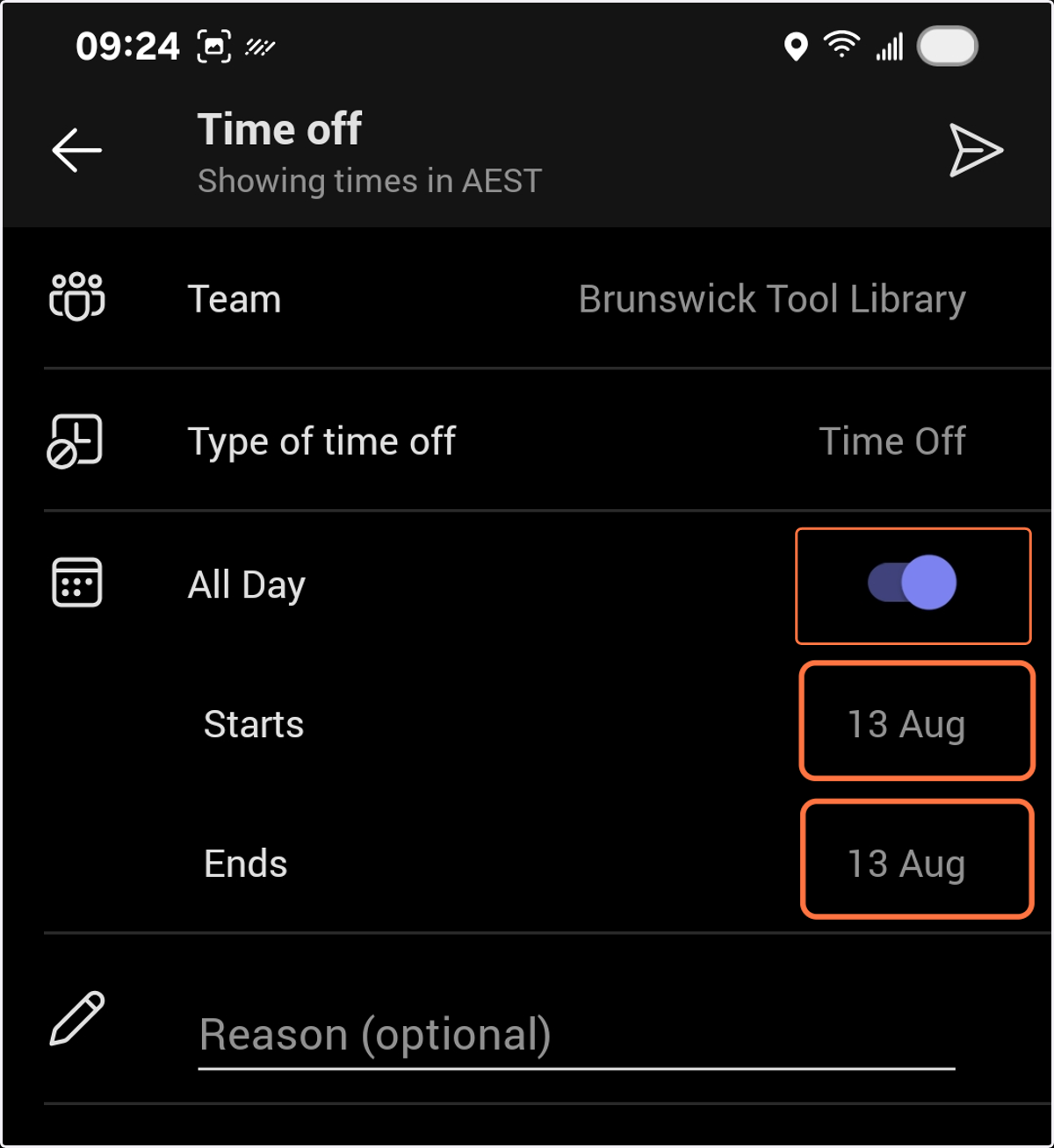 Select All Day, Start and End Date, and submit.