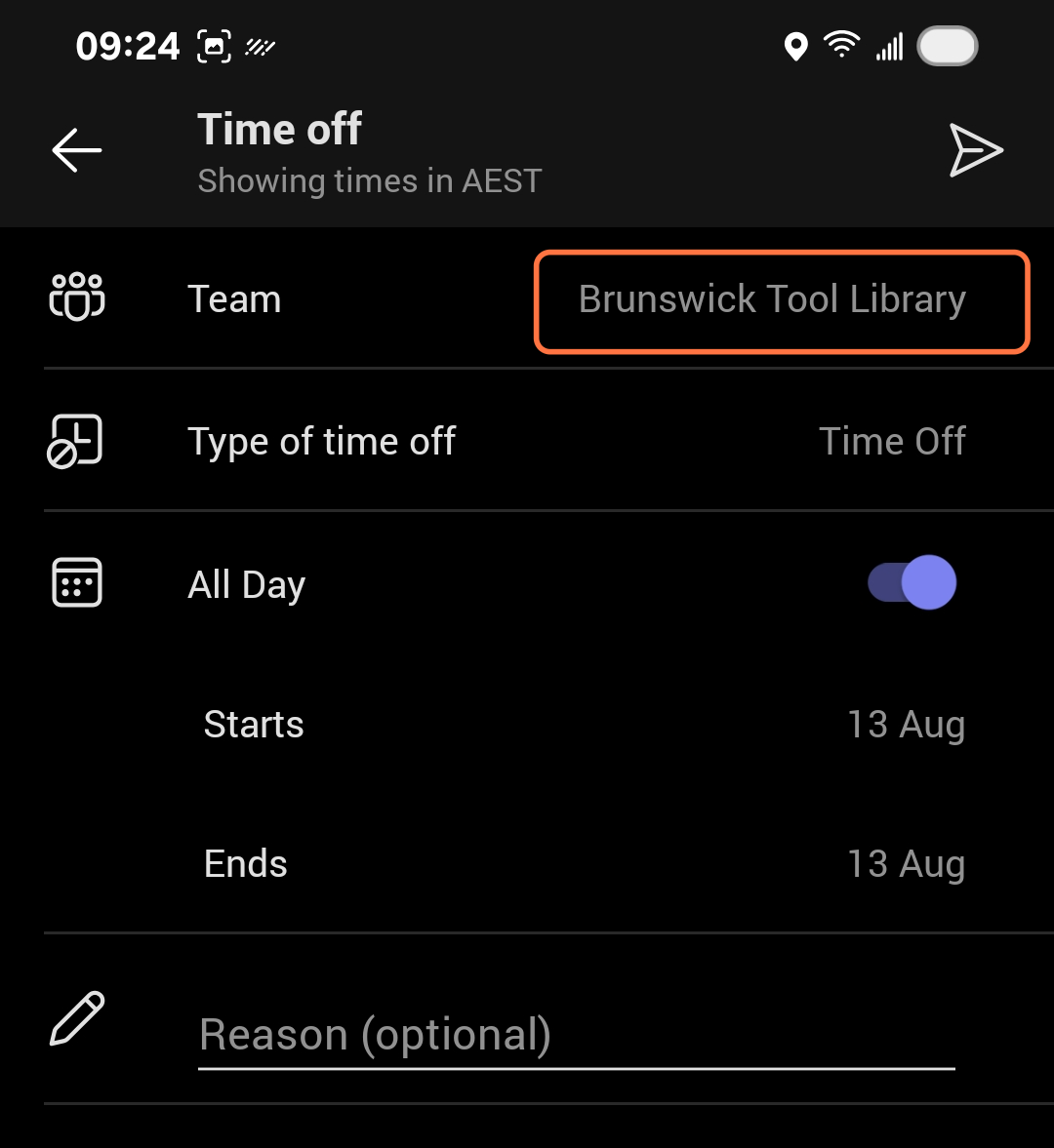 Make sure Team matches where your shift is (typically Brunswick Tool Library) and select Submit