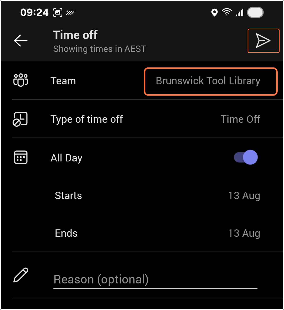Make sure Team matches where your shift is (typically Brunswick Tool Library) and select Submit