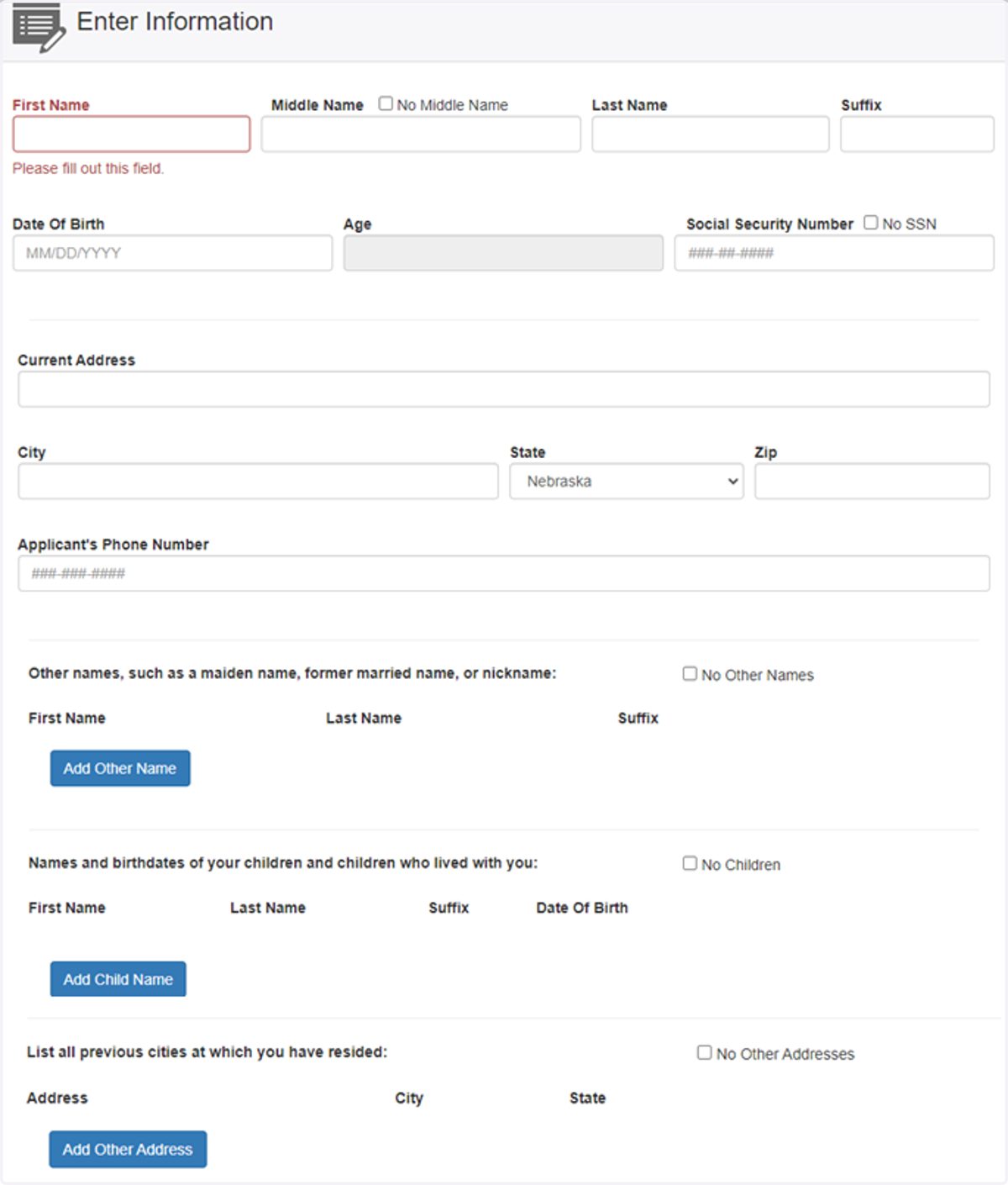 The next page will have you complete the following information: