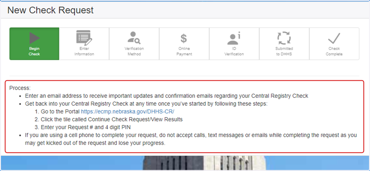 Before you start answering questions, make sure to read the Process on the first page and make note of the Portal link (you won't be able to use your email link anymore!), your Request #, and a 4 digit PIN.