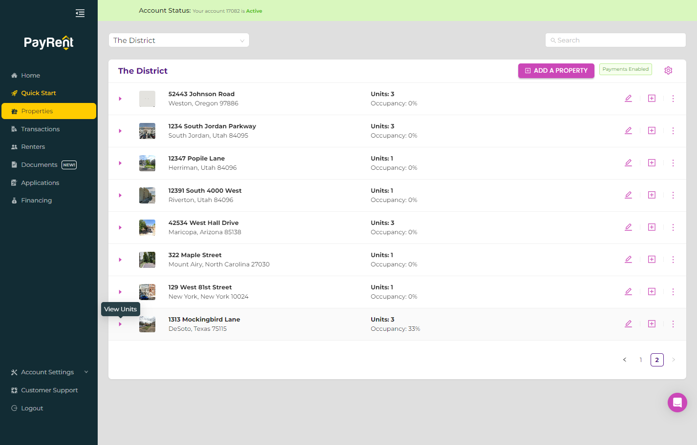 Locate the property where the renter is and click the "expand" button to see the units.
