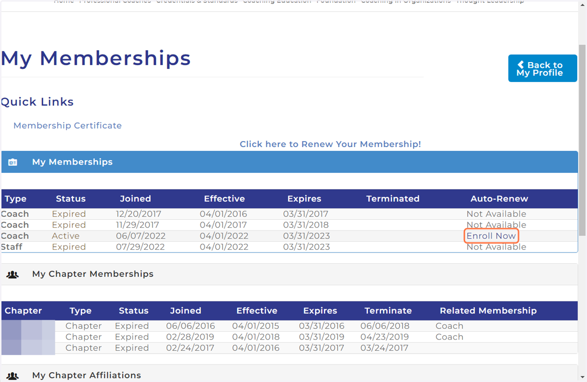 Locate the Membership you would like to enroll & Click on Enroll Now