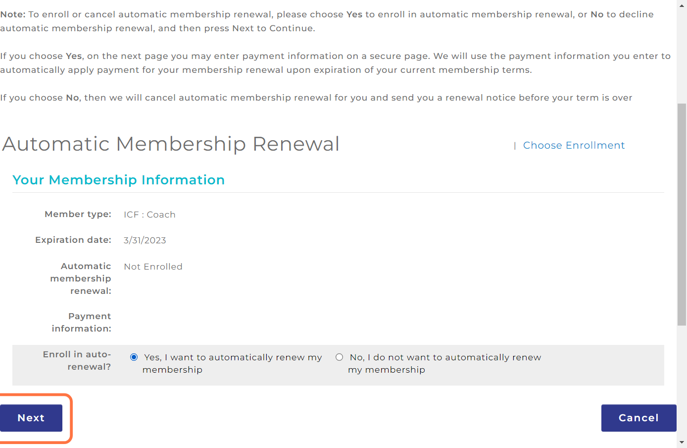 Select Yes, I want to automatically renew my membership, then click 'Next'