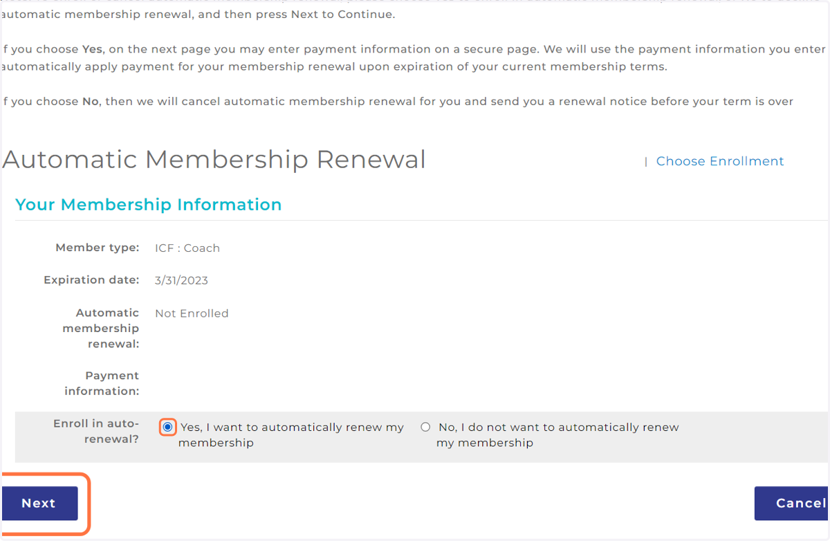 Select Yes, I want to automatically renew my membership, then click 'Next'