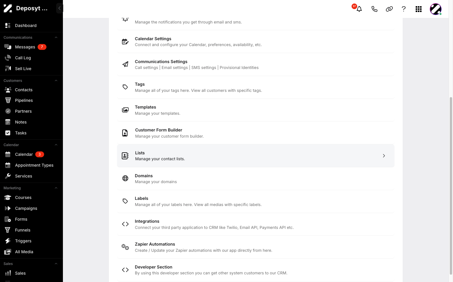 Step 3: You will then be taken to the Settings page. Click on Lists to continue.