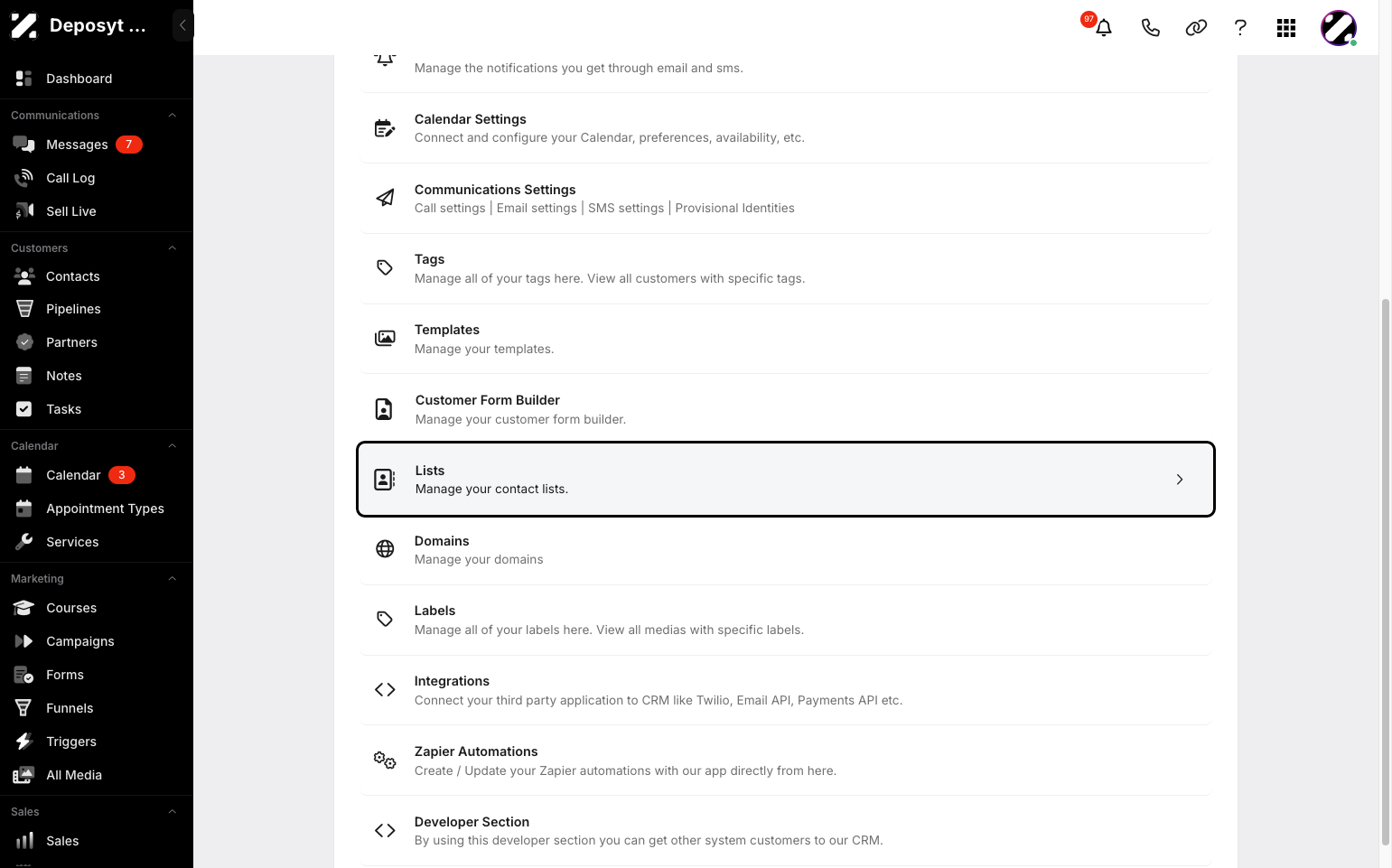 Step 3: You will then be taken to the Settings page. Click on Lists to continue.