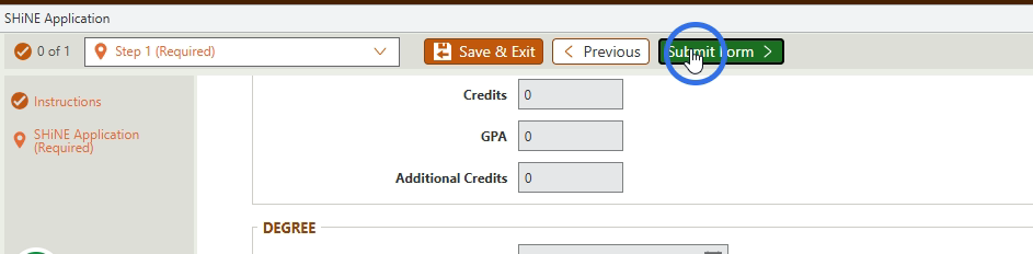 Click Submit Form once all areas are complete