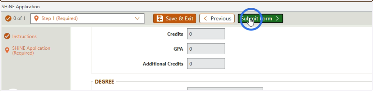 Click Submit Form once all areas are complete
