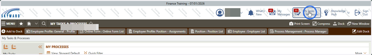 Click My Tasks and Processes