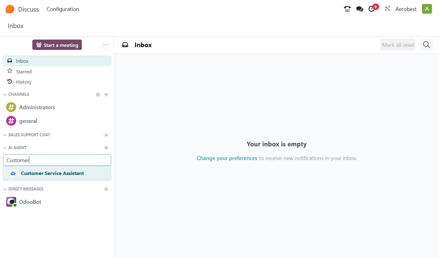 A. From the home screen, open Discuss. In the sidebar, click + next to AI Agent. B. Start typing the agent's name. C. Pick the agent you want to talk to.