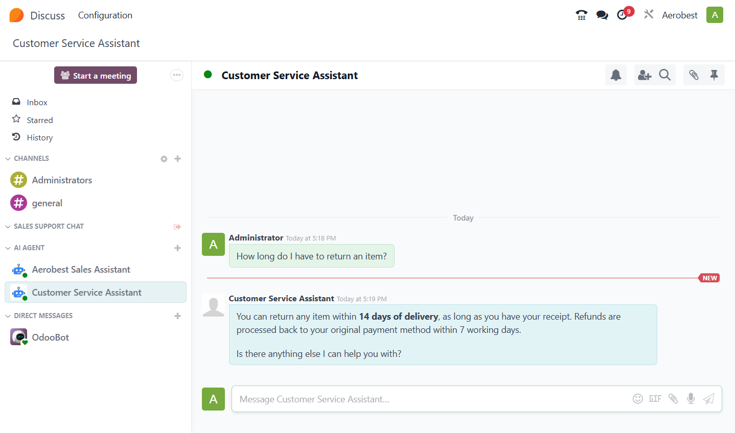 The agent answers from its instructions and documents. This is the quickest way to check it before you turn it on for customers.