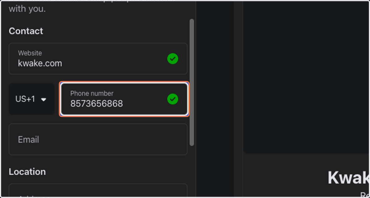 Add your phone number, the phone number you'd like customers to use to contact you.