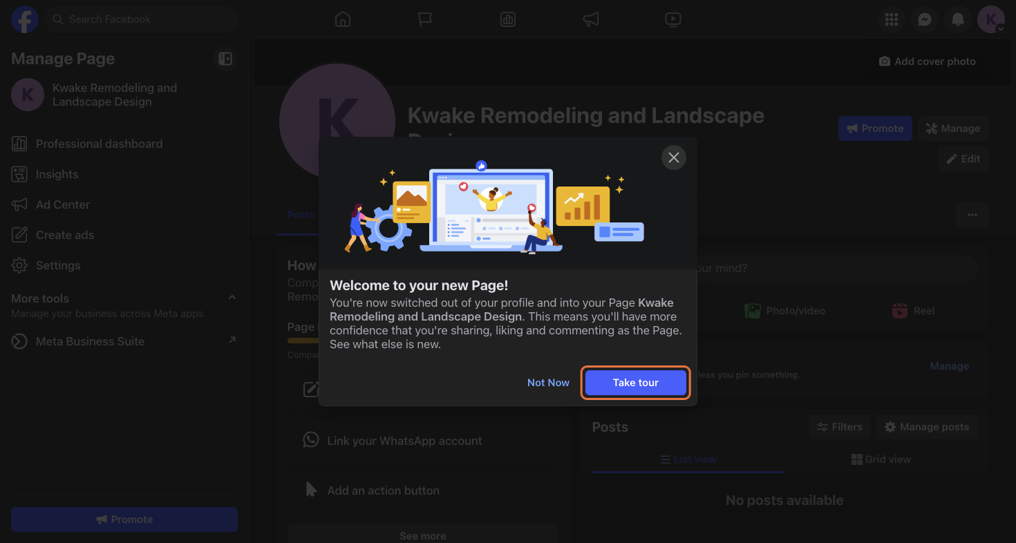Click on Take tour if you'd like to learn more about how to operate your Facebook page.