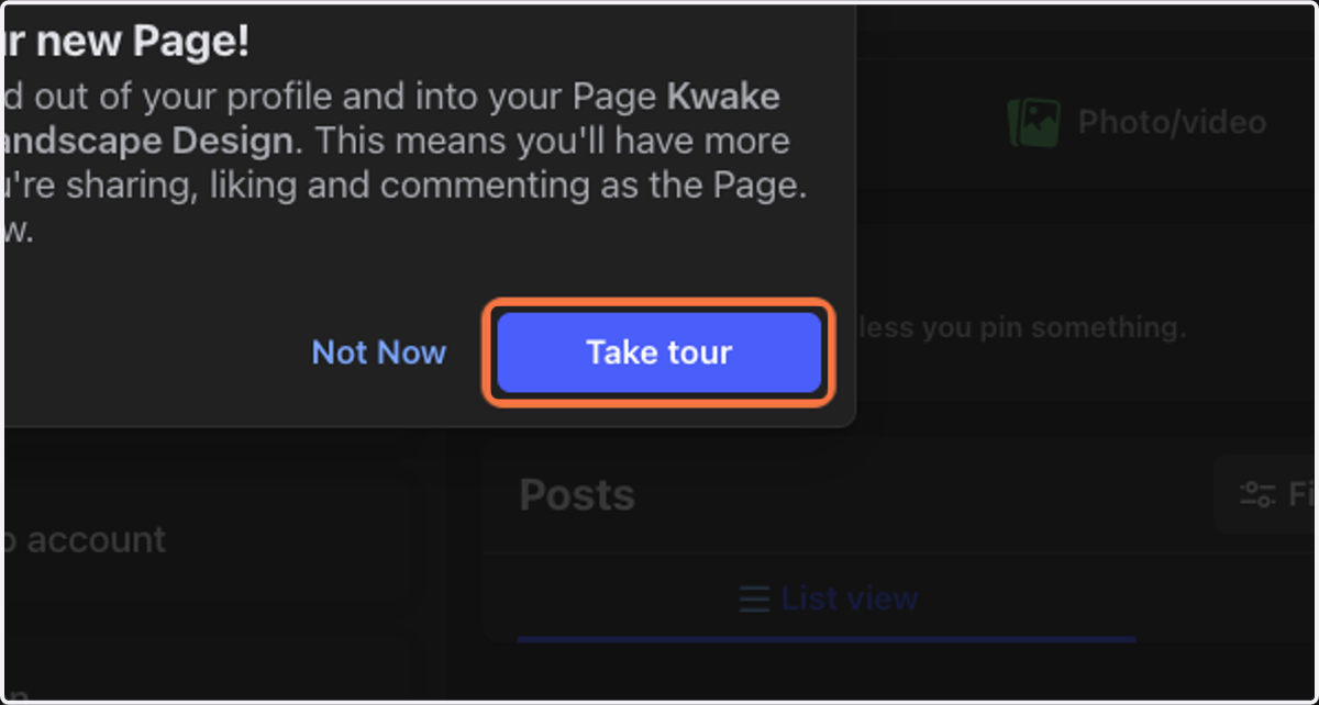 Click on Take tour if you'd like to learn more about how to operate your Facebook page.