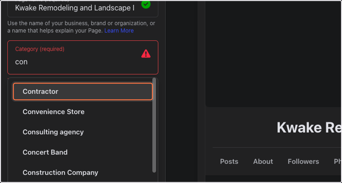 Under Category, start typing in the kind of work you do and select the category that best matches your business.