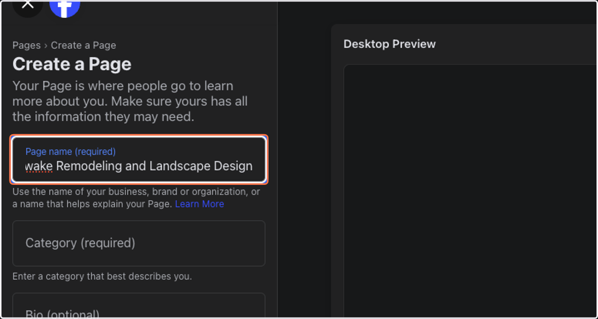 Under Page name, Type in your business name as you would like it to appear on Facebook.