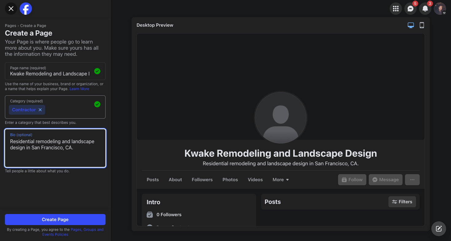 Under Bio, type a quick description of your business and the general services your provide, and the area your work in.