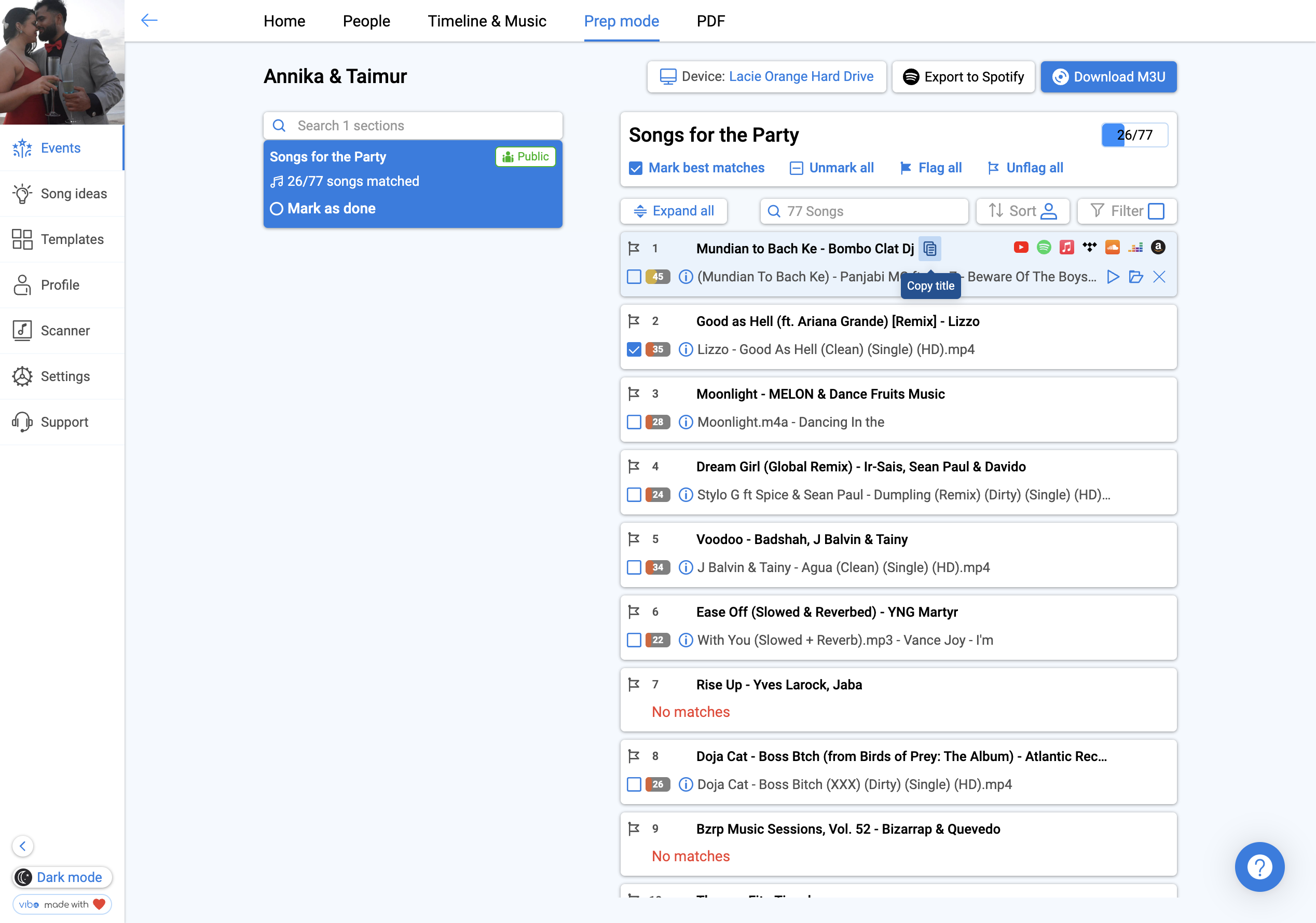 Click on copy button to add title to clipboard, then paste it into Xtendamix and/or iTunes to find the song