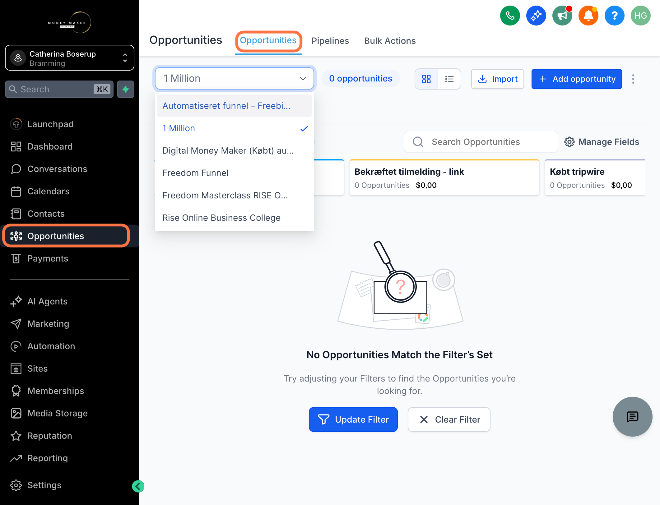 Klik på "Opportunities" og vælg din pipeline fx "Automatiseret funnel – Freebie → High-ticket"