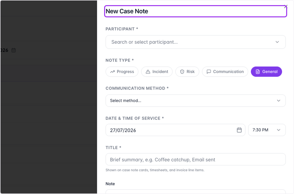 This will prompt you to complete the simple Case Note form