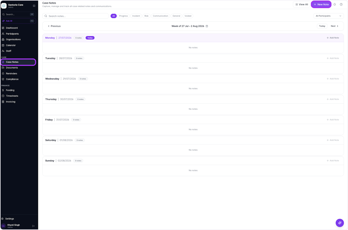 One way is to select Case Notes in the sidebar and click on New Note