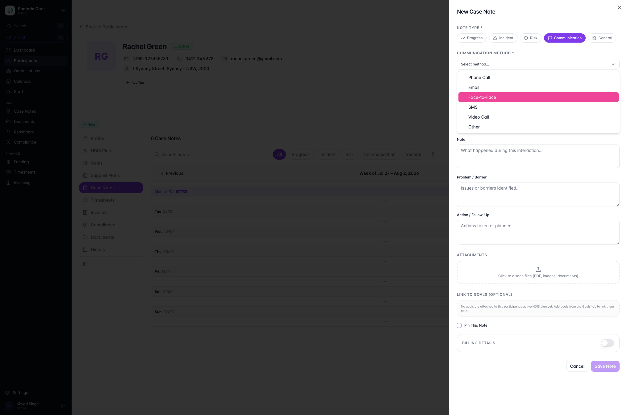 Select the Note Type and Communication Method from the dropdown