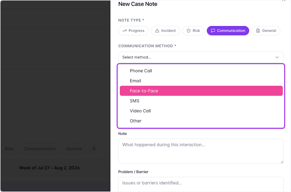 Select the Note Type and Communication Method from the dropdown