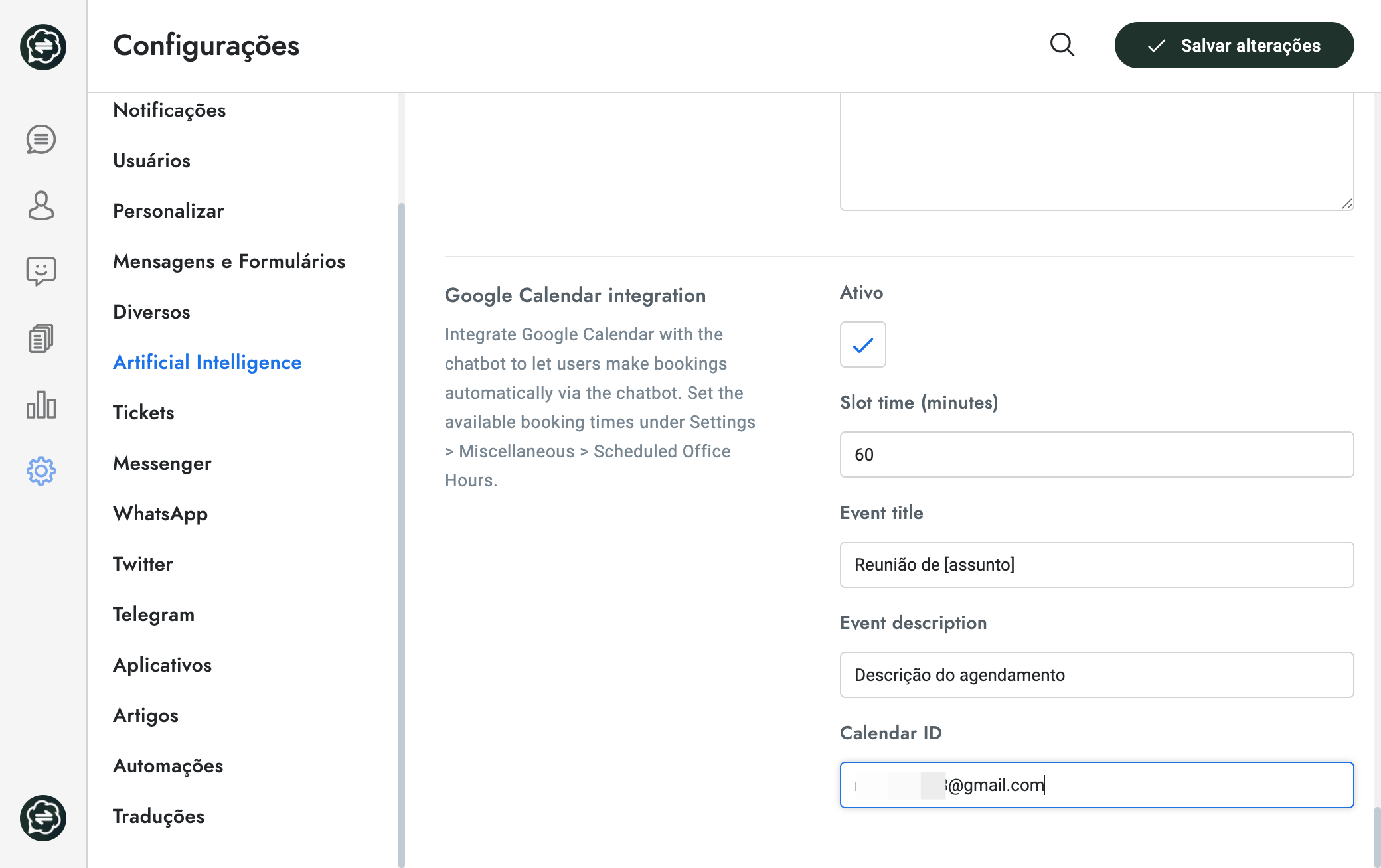 Adicione o ID do Google Agenda - Geralmente é seu gmail