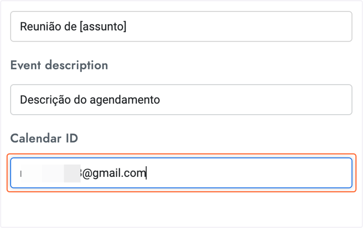 Adicione o ID do Google Agenda - Geralmente é seu gmail