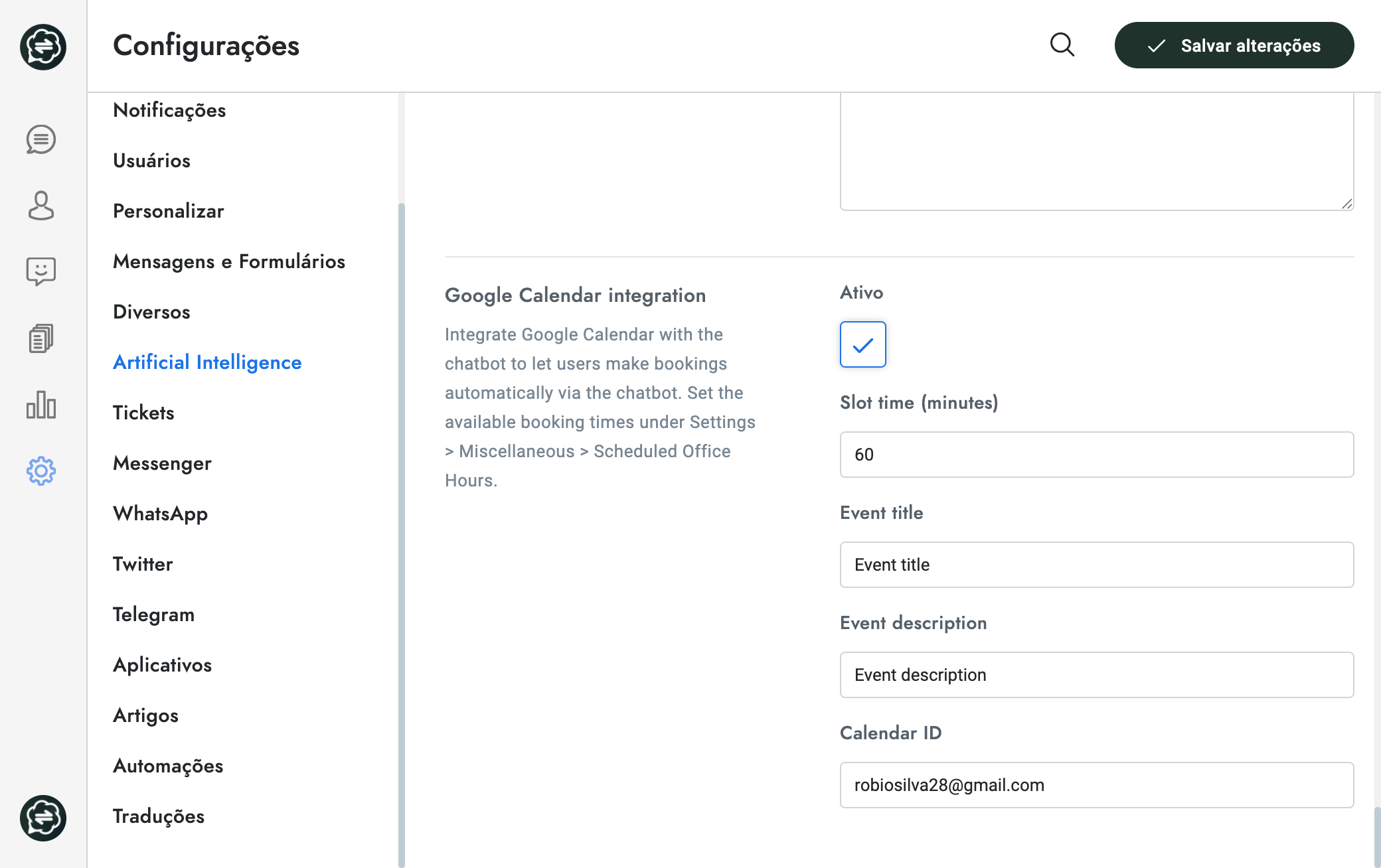 Procure a seção Google Calendar e verifique se está Ativa Ativ